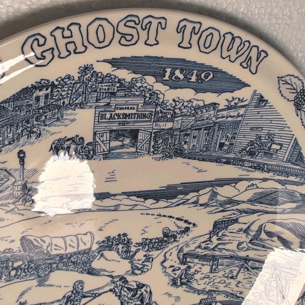 VTG 1949 Vernon Kilns Knott's Berry Farm Ghost Town Centennial Blue Transferware - Picture 3 of 5